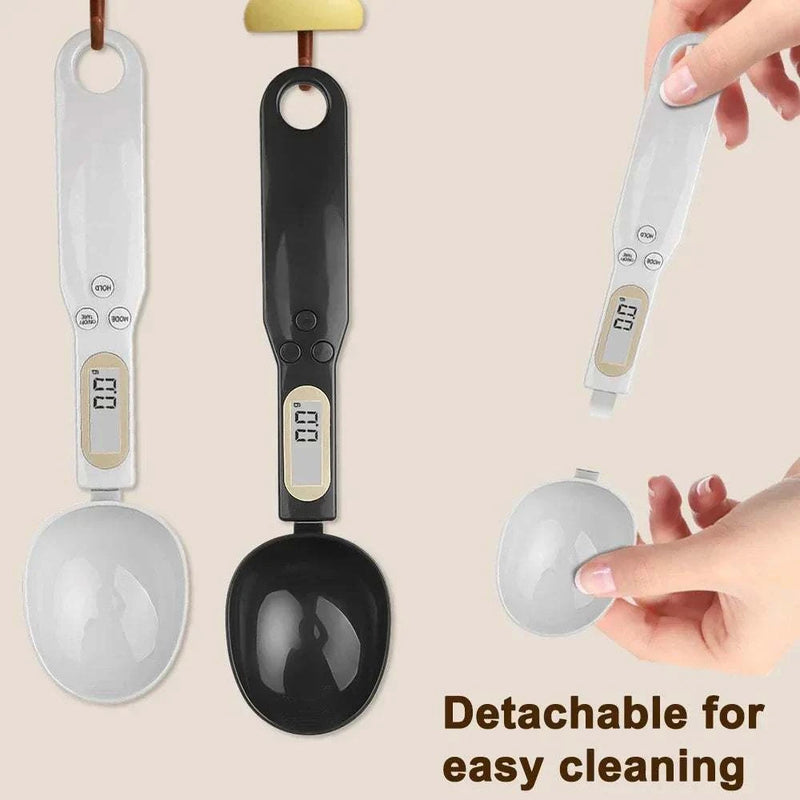 mini digital spoon scale placed next to mixing bowl and whisk