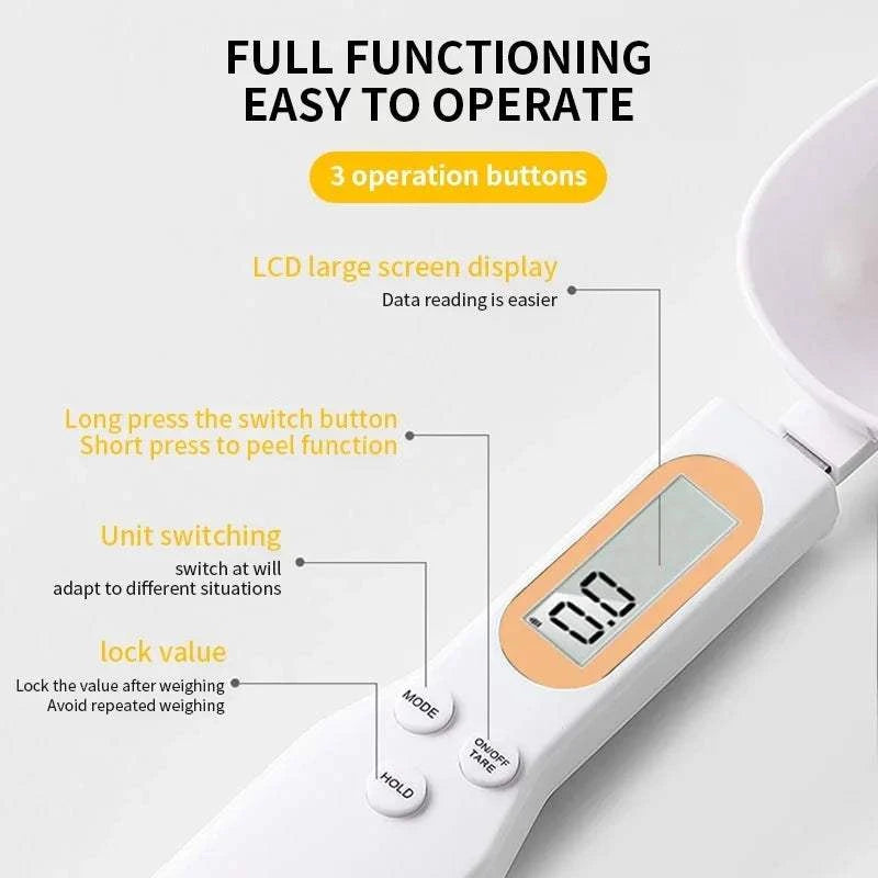 kitchen electric spoon scale next to baking ingredients on counter